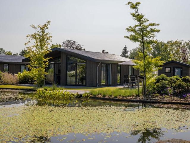 Modern chalet on the pond in a holiday park