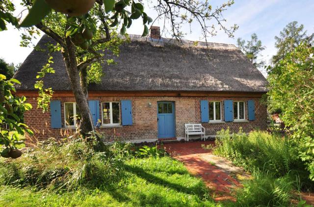 Historisches Reetdachhaus mit Bauwagen und großem Obstgarten