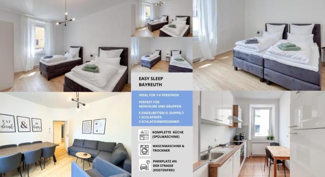 NEU Easy Sleep - FeWo mit 3 Zimmern bis 6 Personen, 5 Einzelbetten oder 2 Doppelbetten und 1 Schlafcouch, Küche, Tageslichtbad - Monteure willkommen