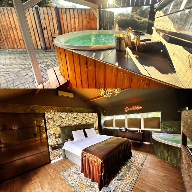 Wellness Tuin - Wellness suite met Jacuzzi ,Openhaard, Privé Hottub en Sauna in Jachthut stijl